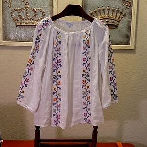 J.Jill Love Linen White Embroidered Boho Peasant Blouse Size XL